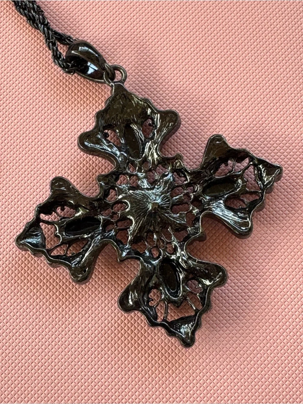 Black Crystal-like Jeweled Cross Pendant Necklace Chain. 15 inch Costume Jewelry